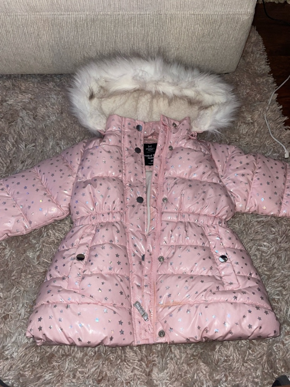 Pink Star Print Puffer Coat with Faux Fur Hood